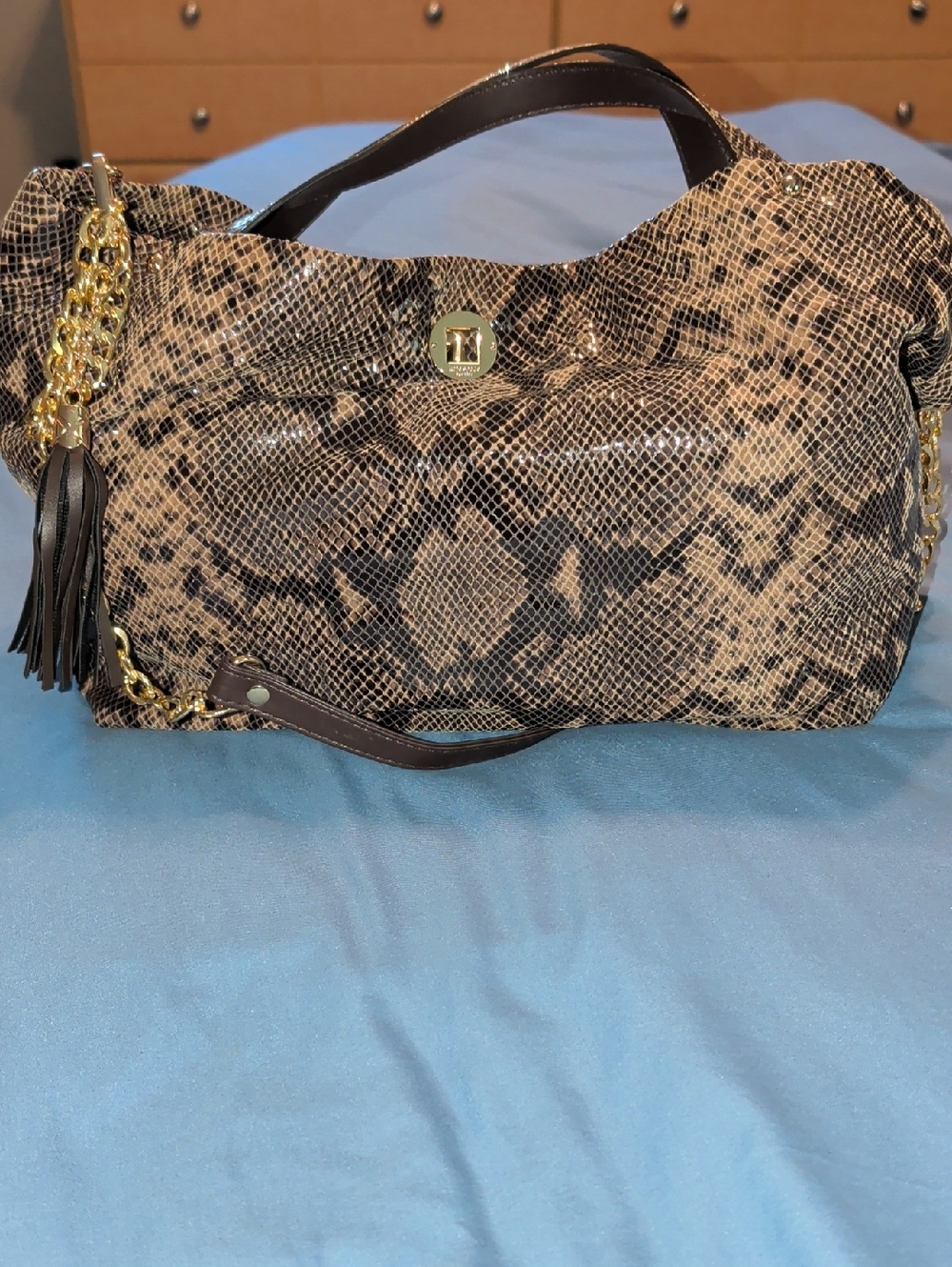 Snake-Print Tote Handbag in Brown and Black Kate Spade. Shoulder Strap Was Added
